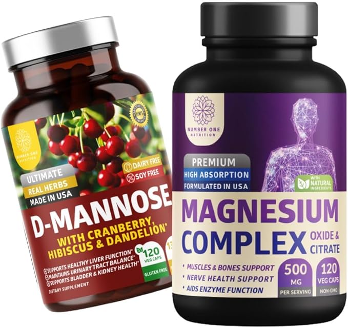 Number One Nutrition N1N Premium Magnesium Complex [500mg] High Absorption and D-Mannose [1350mg with Cranberry &amp Hibiscus] Non-GMO and Gluten-Free 2 Pack Bundle