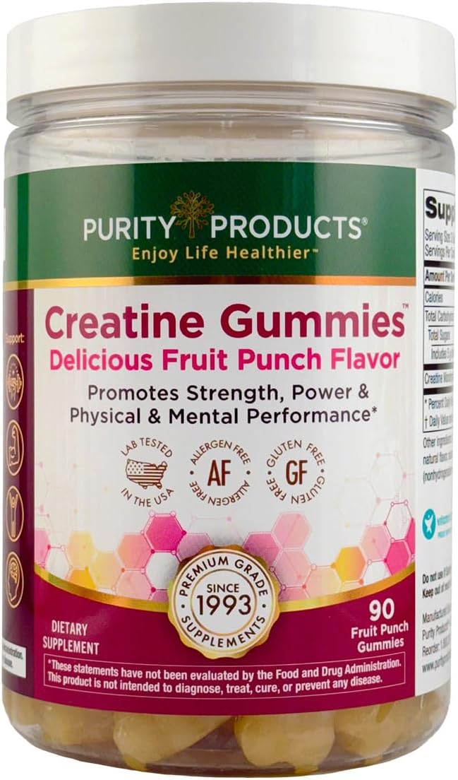 Purity Products Creatine Gummies – 3g Pure Creatine Monohydrate per Serving – Supports Muscle Fiber Growth Strength &amp Recovery – Gluten-Free Fruit Punch Flavor – 90 Gummies