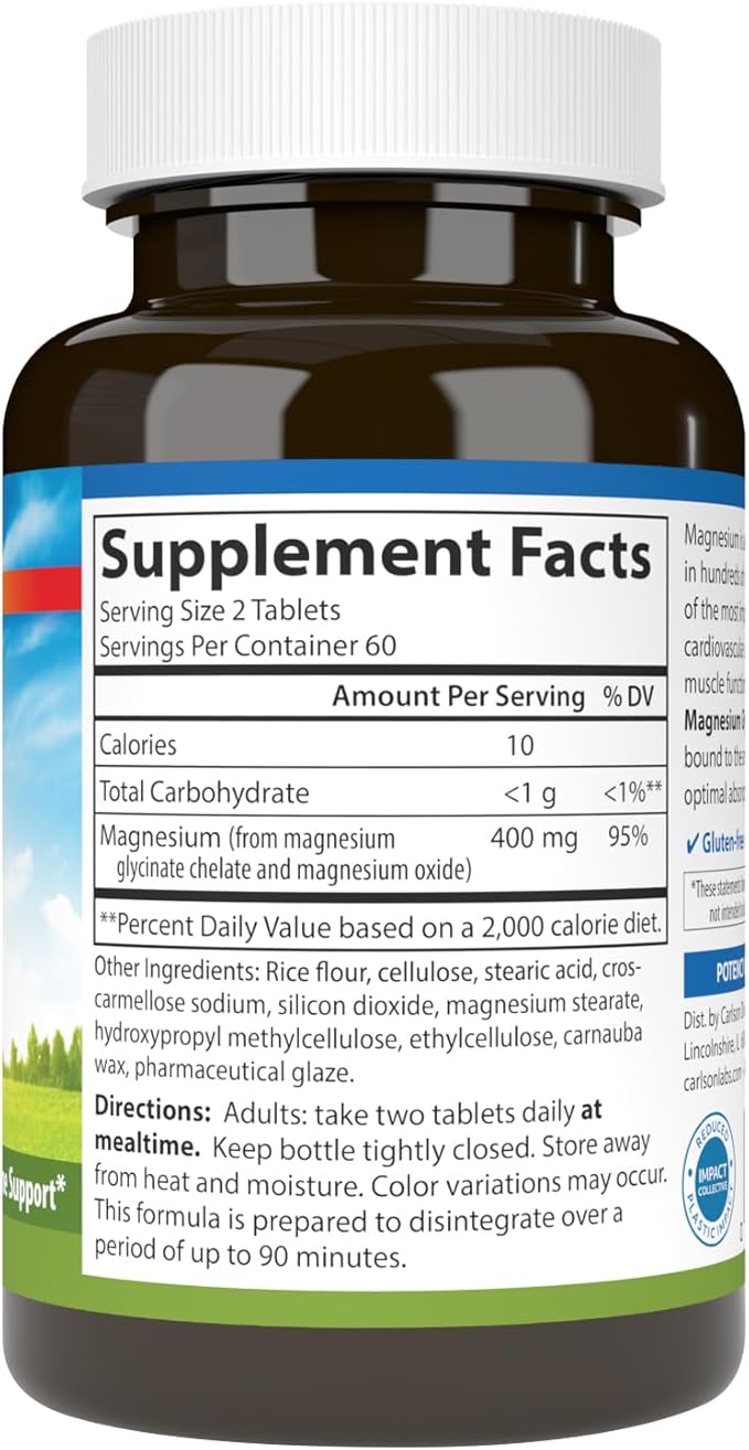 Carlson – Buffered Magnesium 400 mg – Gentle Absorption for Heart &amp Muscle Function Bone Support 120 Tablets