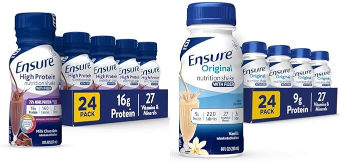 Ensure High Protein Nutritional Shake With Fiber &amp Ensure Original Vanilla Liquid Nutrition Shake With Fiber | gluten free Meal Replacement Shake | 24 Pack | Bottle