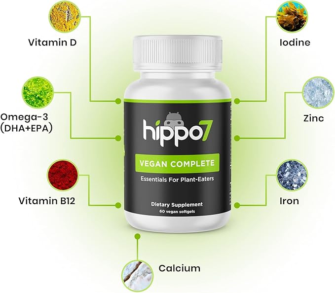Hippo7 Vegan Complete Multivitamin Vitamin B12 Vitamin D Omega-3 DHA+EPA Calcium Iodine Zinc &amp Iron. (1 Bottle 60 Softgels)