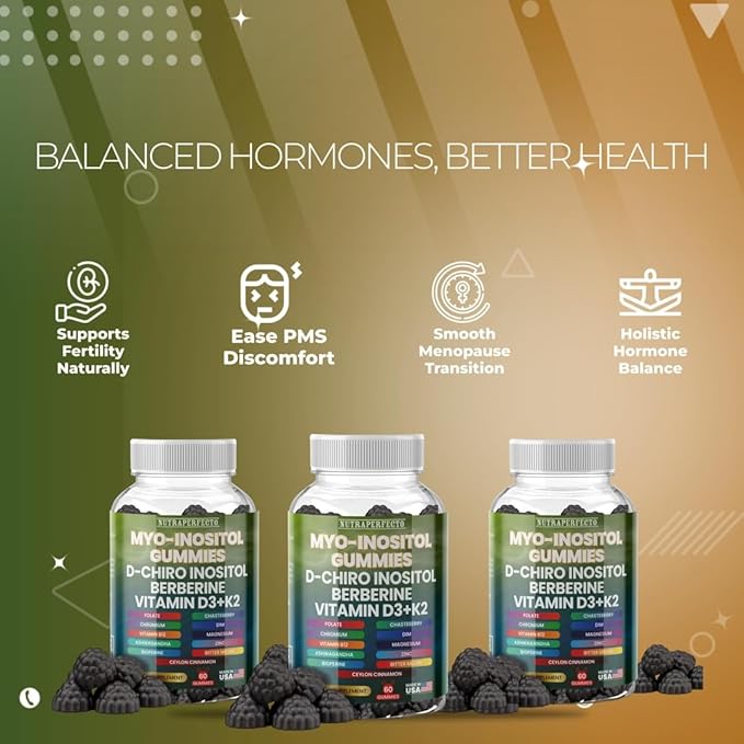 Sugar Free Myo-Inositol &amp D-Chiro Inositol Gummies for Women Berberine Vitamin D3 K2 DIM Magnesium Glycinate Oxide L-Methylfolate Supplement for Women Fertility Hormone Balance PMS Ovarian He