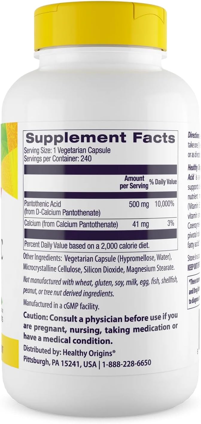 Healthy Origins Premium Vitamin B5 Pantothenic Acid 500 mg Vegan Capsules High Strength Energy Boost and Metabolism Support Tiredness &amp Fatigue Acne Supplement for Skin Care White 240 Count