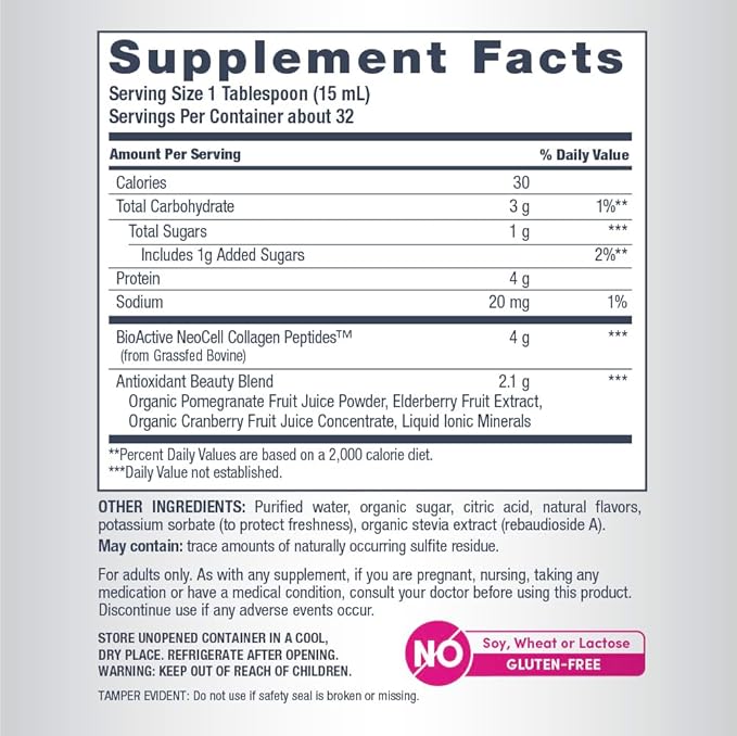 NeoCell Liquid Collagen Skin Hair Nails and Joints Supplement Includes Fruit Juice Concentrates and Green Tea Blend Pomegranate 16 oz. 1 Bottle