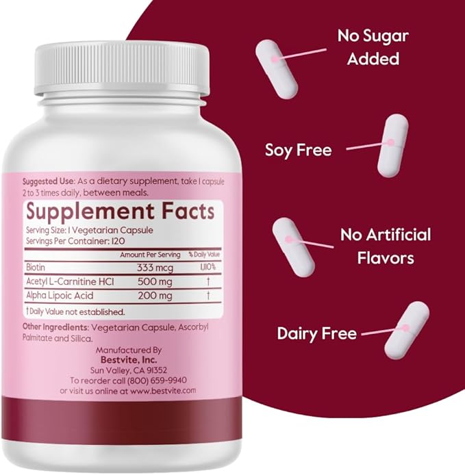 BESTVITE Acetyl L-Carnitine 500mg &amp Alpha Lipoic Acid 200mg per Capsule with Biotin (120 Vegetarian Capsules) - No Stearates - Vegan - Non GMO - Gluten Free