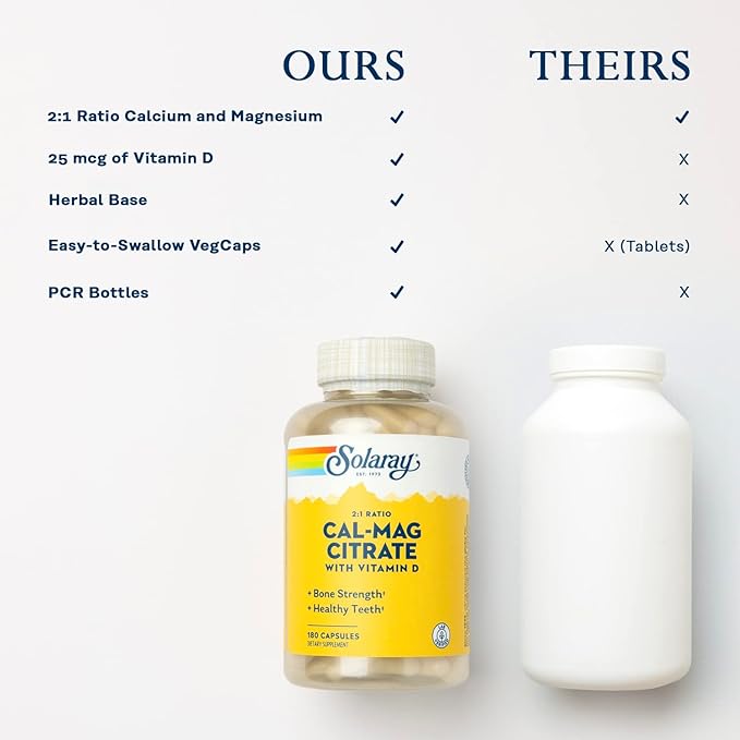 SOLARAY Calcium &amp Magnesium Citrate 2:1 Ratio w/Vitamin D-3 Healthy Bones Muscle &amp Nervous System Support High Absorption 180 Capsules