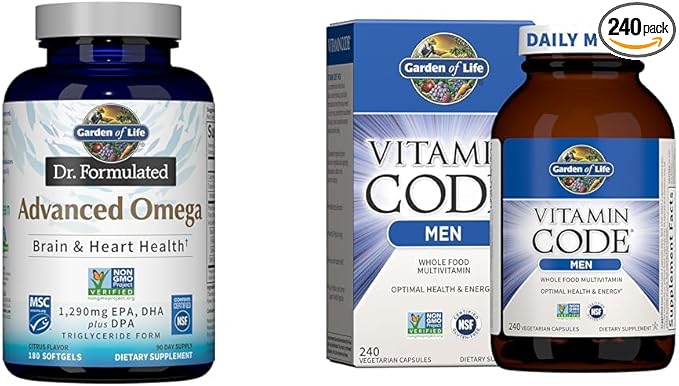 Garden of Life Dr. Formulated Advanced Omega Fish Oil &amp Multivitamin for Men - Vitamin Code Men's Raw Whole Food Vitamin Supplement with Probiotics Vegetarian 240 Capsules