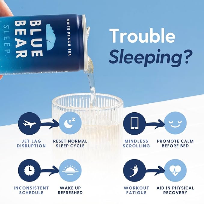 Blue Bear Melatonin Sleep Drink Sleep Tea for Bedtime Support White Peach Tea with Melatonin (5mg) Lavender Ashwagandha Chamomile GABA L-Theanine Caffeine-Free Zero Sugar 8.4 Fl Oz 12-Pack