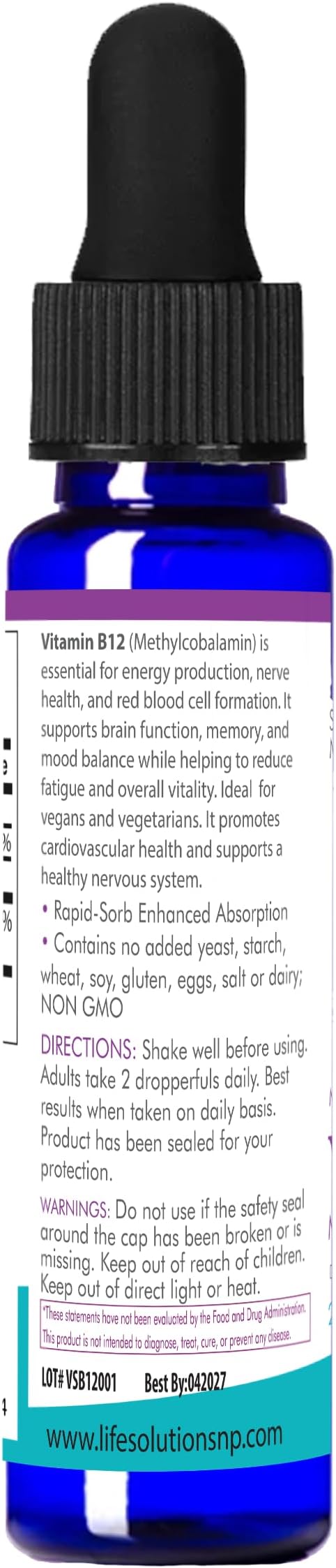 Life Solutions Liquid Vitamin B12 Methylcobalamin - Made in USA Supports Energy &amp Metabolism High Absorption Vitamina B12 Drops 2 Fl Oz Non-GMO Gluten-Free