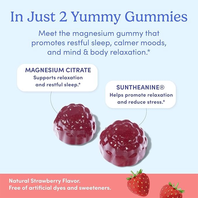 FIRST DAY Kids &amp Womens' Calming Magnesium Gummies (Strawberry) | Rest &amp Energy Bedtime Supplement | Balanced Mood | No Melatonin | Clean Label Project Verified® | Vegan Non-GMO | 30-Day Supp