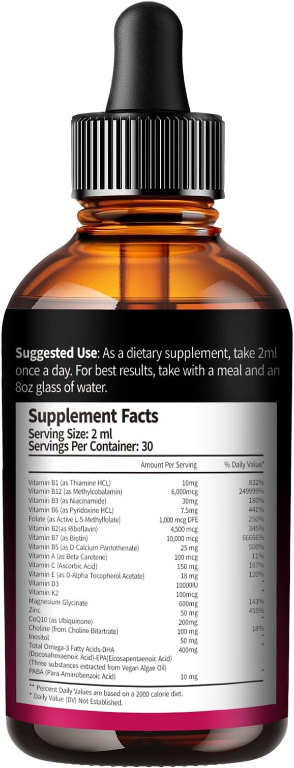 VivoNu Vitamin B Complex Liquid Drops Vitamin B12 (6000 mcg) B6 B1 B2 B3 B5 and Methylfolate Raspberry Flavor Natural Ingredient Non GMO B Complex Vitamin Supplement