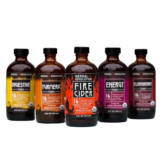 Herbal Revolution Fire Cider Apple Cider Vinegar - Certified Organic Non-GMO ACV Infused with Ginger Horseradish Hot Peppers Honey and More - Made Using Regenerative Farming Practices 8 Oz