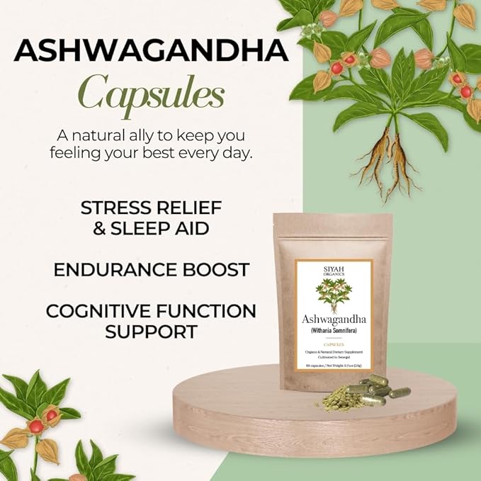 Ashwagandha Capsules - Stress Relief Sleep Aids &amp Focus for Women &amp Men - 100% Natural &amp Organic Vegan Herbal Tea - Handmade Herbal Supplement - 60 Capsules