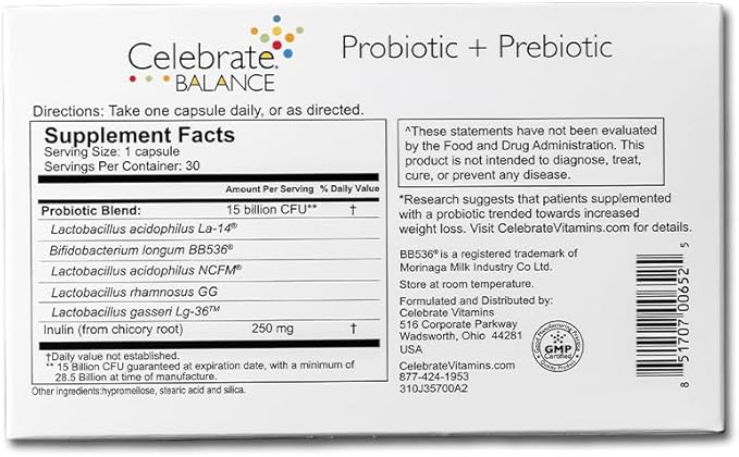 Celebrate Vitamins Balance Probiotic + Prebiotic - Post Bariatric Surgery Daily Supplement for Women &amp Men 28.5 Billion CFU - Supports Digestive &amp Immune Health Gluten Free (30 Capsules)