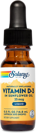 SOLARAY Vitamin D3 Liquid Drops 25 mcg (1000 IU) - Enhanced Absorption Vitamin D Drops in Sunflower Oil for VIT D3 Support - Naturally Unflavored Dropper Included - Approx. 500 Servings 0.5oz