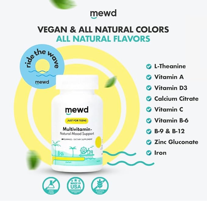 MEWD Teen/Kids Daily Multivitamin Gummy Formula with Natural Mood Enhancer +Hair Skin+Nail Strengther