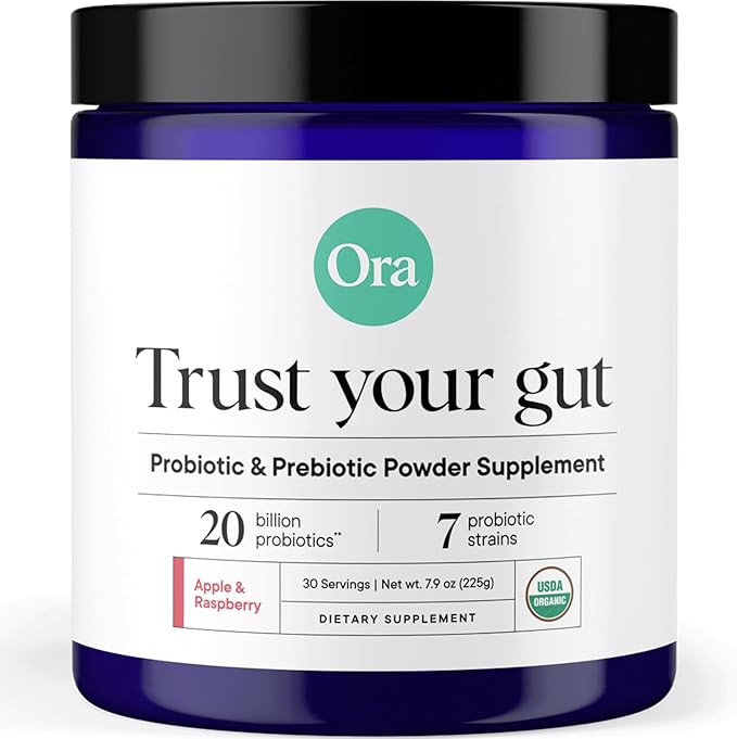 Ora Organic Prebiotic and Probiotic Powder Supplement - 20 Billion Probiotics 7 Strains for Best Prebiotic Powder Non-GMO Probiotics for Women Men &amp Kids - Apple Raspberry Flavor 30 Servings…
