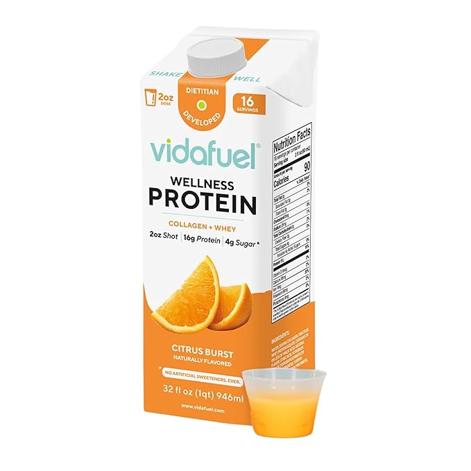 Vidafuel Protein Drink 16g Protein Per 2oz Shot 32 fl oz Carton Citrus Collagen and Whey Drink No Artificial Sweeteners