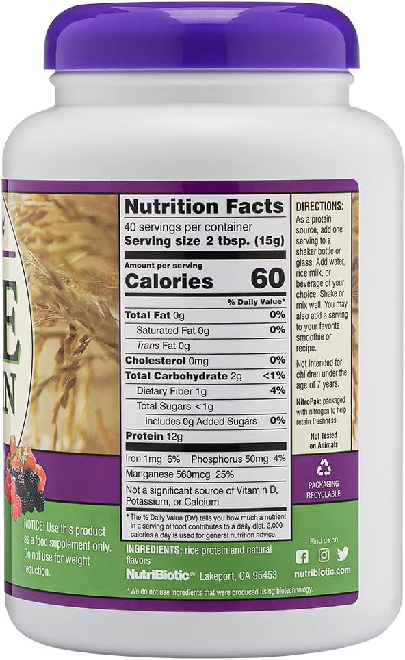 NutriBiotic – Mixed Berry Rice Protein 1 Lb 5 Oz (600g) | Low Carb Keto-Friendly Vegan Raw Protein Powder | Grown &amp Processed Without Chemicals GMOs or Gluten | Easy to Digest &amp Nutrient-