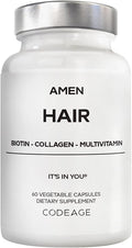 Amen Hair Vitamins - 10000 mcg Biotin Collagen Powder - Vitamin C D3 &amp E Pantothenic Acid MSM Zinc Hyaluronic Acid Inositol &amp Horsetail Extract - Non-GMO Hair Pill Supplements - 60 Cap