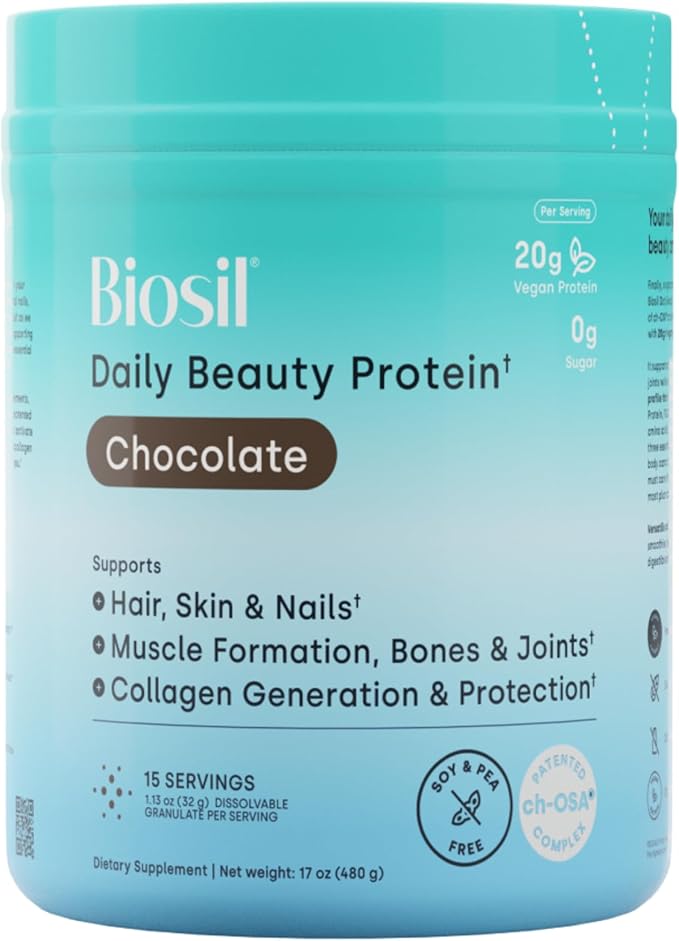 Biosil Daily Beauty Protein Chocolate - 17 oz - Vegan Protein + Collagen Powder for Strength Recovery Skin Hair Nails &amp Joints - Patented ch-OSA Generates Natural Production - 15 Servings