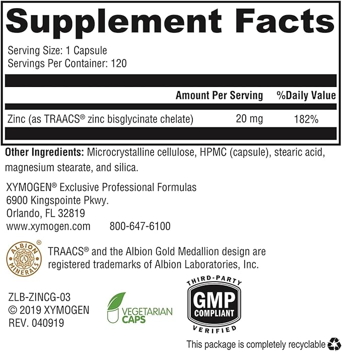 XYMOGEN Chelated Zinc Glycinate Supplement (120 Vegan Capsules)