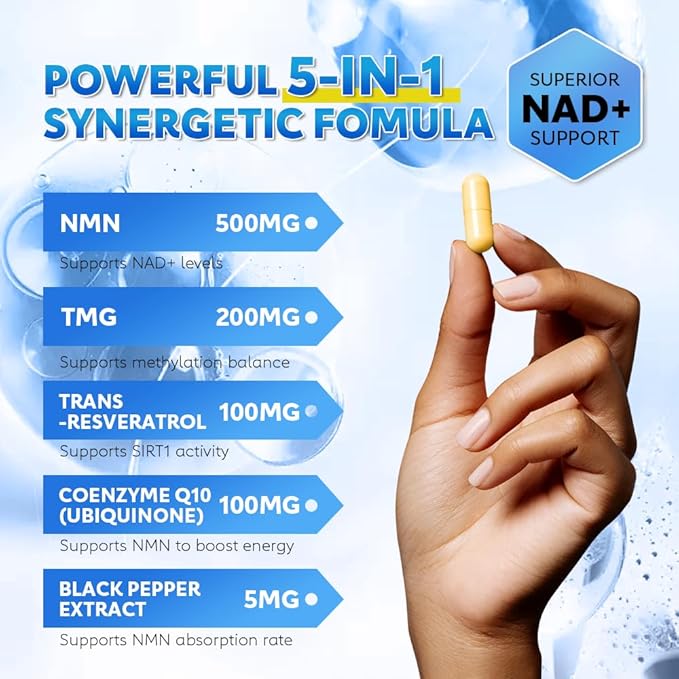 NMN Capsules 250mg with 5-in-1 NAD+ Precursor Complex | Supplement with NMN Resveratrol TMG &amp CoQ10 | Supports NAD Levels DNA Maintenance &amp Anti-Aging |Non-GMO 60 Capsules