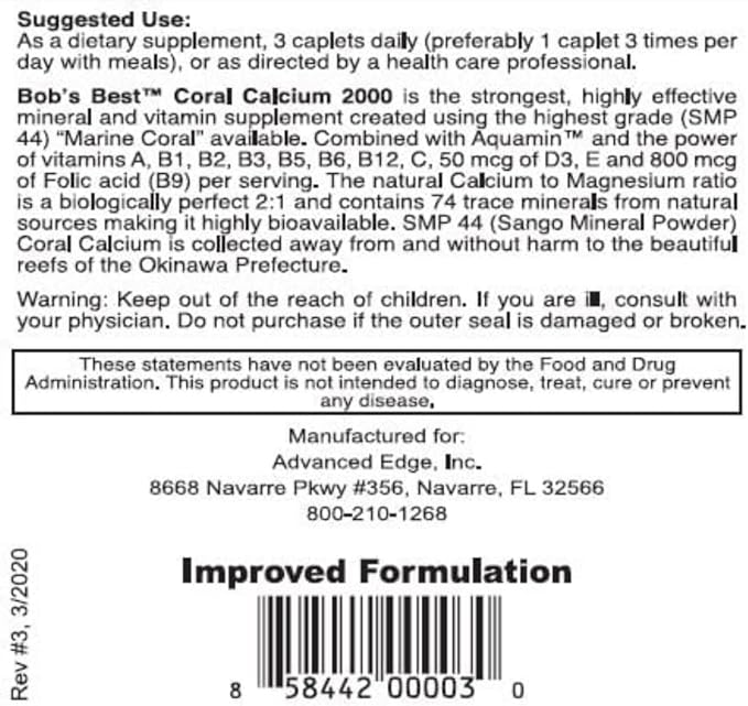 Bob Barefoot’s Bob’s Best Coral Calcium 2000 mg – Original Authentic Coral Calcium Formula – 90 Caplets – Founder Developed Premium Mineral Supplement