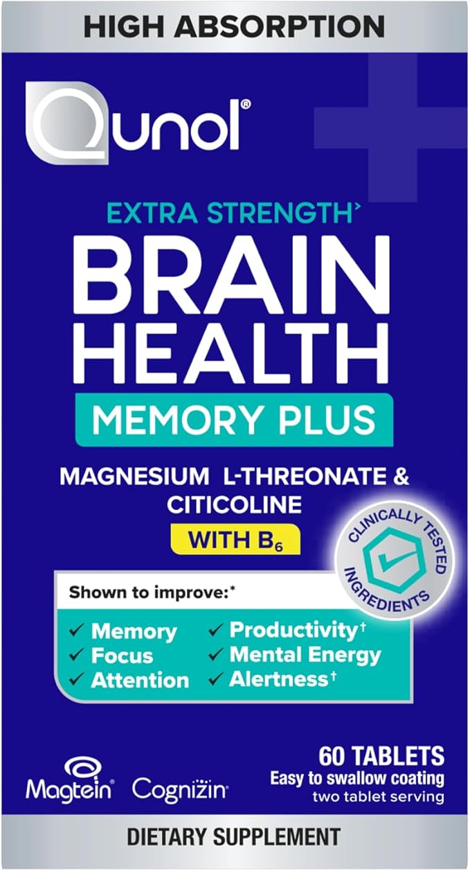 Qunol Brain Health Memory Plus with B6 Magnesium L-Threonate &amp Citicoline Clinically Tested Ingredients to Improve Memory Focus Attention and Productivity 60 Count (Pack of 1)