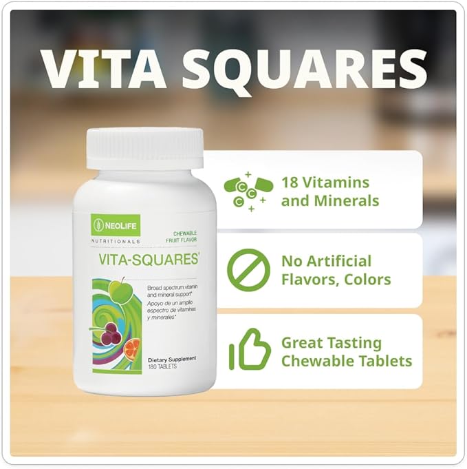 NeoLife Vita-Squares - Chewable Multivitamin for Kids 18 Essential Vitamins &amp Minerals Iron Zinc Vitamin D3 B-Complex Vitamin for Kids MultiVitamin C &amp E Berry-Citrus Flavor 180 Tablet