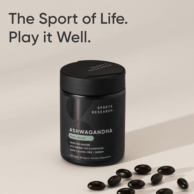 Sports Research® Ashwagandha Softgels with Coconut MCT Oil - Natural Ayurvedic Adaptogen Made with Shoden® Ashwa for Relaxation Calm &amp Sleep Support - Gluten Free &amp Vegan Friendly - 120 Count