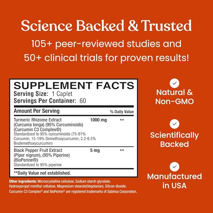 Better Way Health™ Turmeric Curcumin C3 Complex - 1000mg Curcumin C3® with BioPerine® – High Absorption Joint Support – 60 Caplets