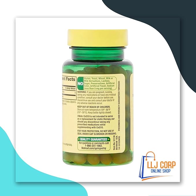 Spring Valley Rapid-Release CoQ10 Heart Health Dietary Supplement Softgels 100 mg 60 Count Bundle with Weekly Pills Planner + LLJ Corp Sticker. White