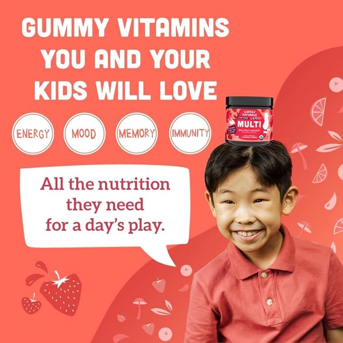 Llama Naturals Kids Multivitamin Gummies | Real Fruit No Added Sugar Cane | Organic Vegan Toddler Whole Food Vitamins | Vitamin D C &amp Beta Carotene Gummy Supplement | Strawberry 90 Ct (1-2 Month