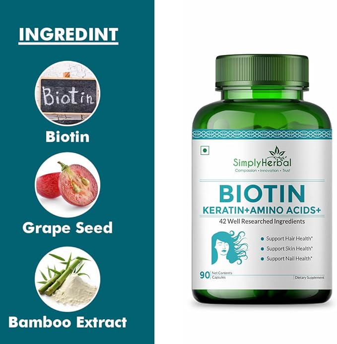 Simply Herbal Natural Biotin (Vitamin B7) Capsules for Healthy Hair Radiant Skin &amp Strong Nails - Enhanced with Keratin Multivitamins &amp Amino Acids - 90 Vegetarian Capsules for Men &amp Wom