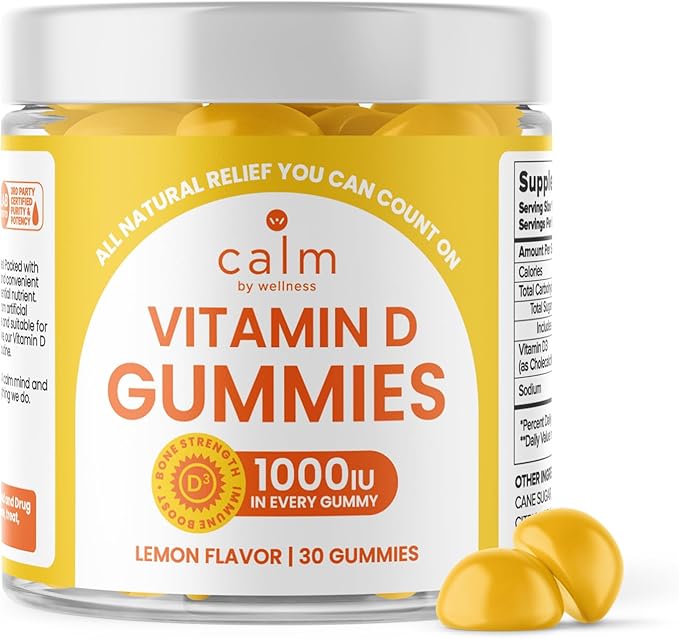 Calm by Wellness Vitamin D Gummies for Adults Vitamin D3 Gummy Vitamins for Bone and Immune System Support Lemon Flavor 30 Count
