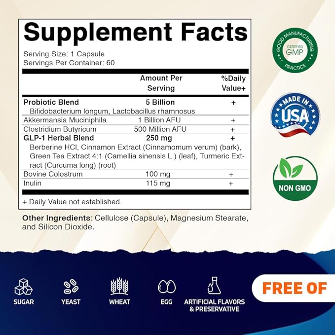 Vitamatic GLP-1 Support Supplement for Men &amp Women 60 Capsules - Made with Akkermansia Probiotics Prebiotic Clostridium Berberine Cinnamon Green Tea Turmeric &amp Colostrum - 2 Pack