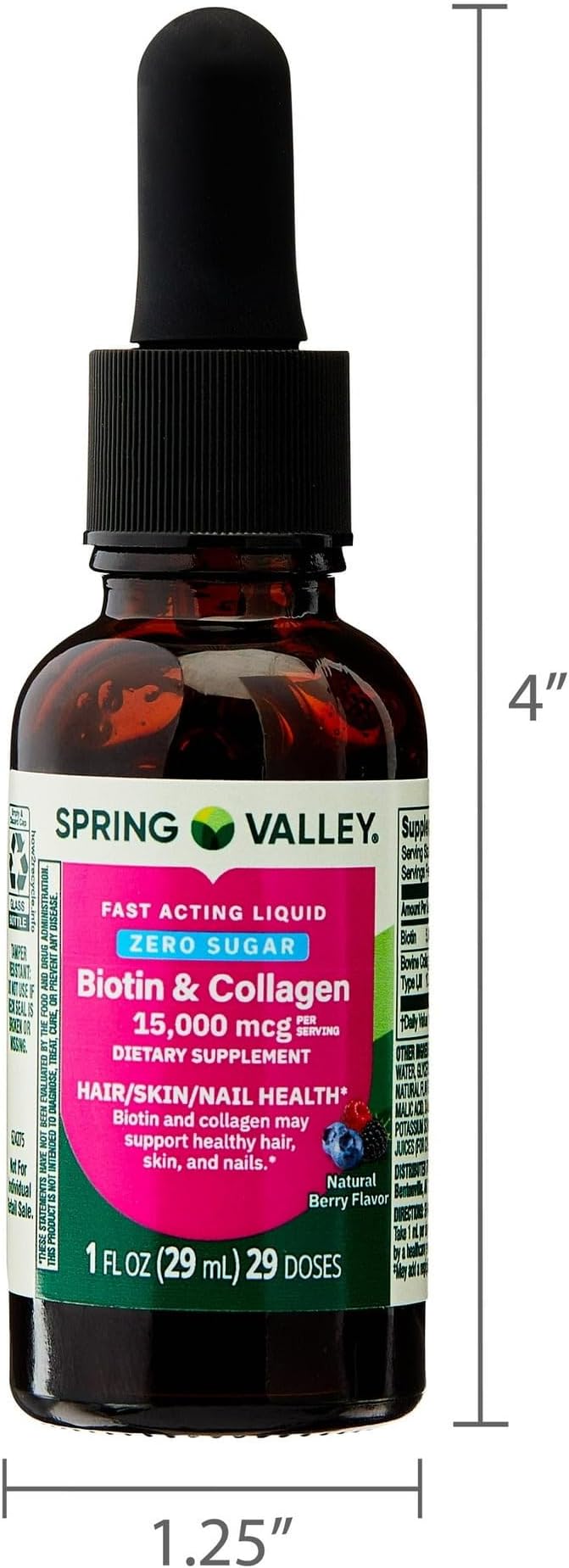 Liquid Biotin and Collagen 15000Mcg Natural Berry Flavor Drops for Hair Skin Nails - Spring Valley 1 fl oz (Pack of 2) - Set by Basket Goods