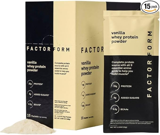 FACTOR FORM Whey Protein Powder | 100% Whey Isolate | 25g Protein &amp 6.3g BCAAs | Low Carb &amp Keto-Friendly | No Added Sugar (15 Packets Vanilla)