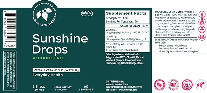 Mountain Meadow Herbs Sunshine Drops | Vegan Vitamin D3 Booster for Healthy Bones &amp Teeth | Ideal Winter Supplement | Tincture 2oz