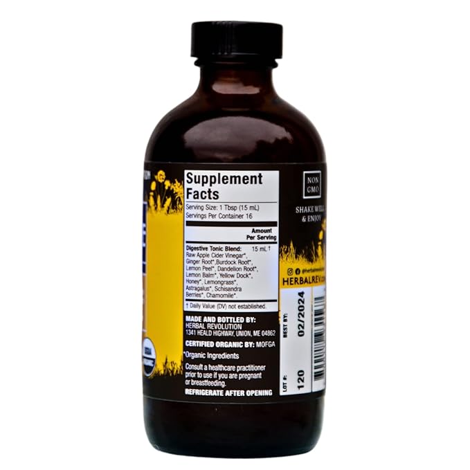 Herbal Revolution Digestive Tonic - Certified Organic Non-GMO Apple Cider Vinegar Infused with Honey Burdock Root Dandelion Lemon Balm &amp More Made Using Regenerative Farming Practices - 8 Fl O