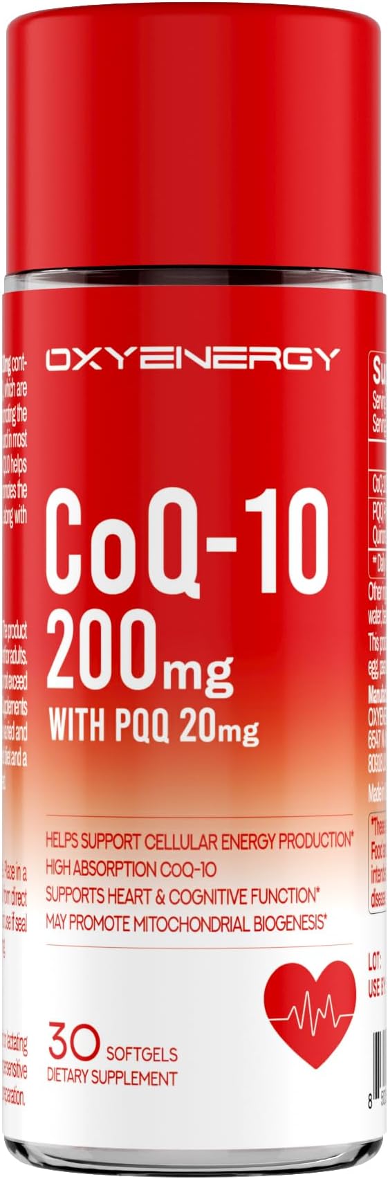 OxyEnergy Coq 10 200mg with PQQ High Absorption Coenzyme Q10 with BioPerine Gluten Free Coenzyme Q10 Supplement for Heart Health&ampEnergy Support 30 Softgels 30 Day Supply