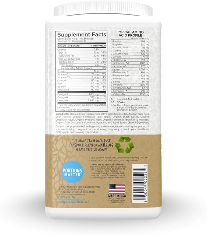 Portions Master Keto Body Protein Peptides Low Carb Keto Protein Powder with MCT Oil Peptides Fiber Vitamins Minerals (720g Chocolate)