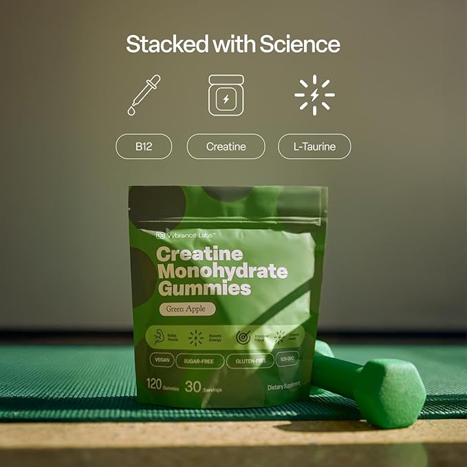 Creapure Creatine Gummies 5g + Taurine &amp B12 - Sugar-Free Vegan Gluten-Free - Green Apple - 120 Count (30 Servings) for Strength Energy &amp Focus