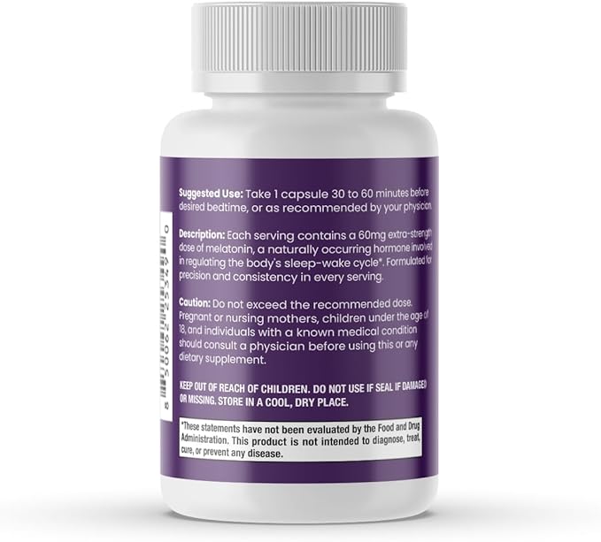 60 mg High Dosage Melatonin Supplement - Extra Strength High Potency Sleep Support Vegan Non-GMO Made in USA Easy-to-Swallow Capsules 60 Count (60 Servings)