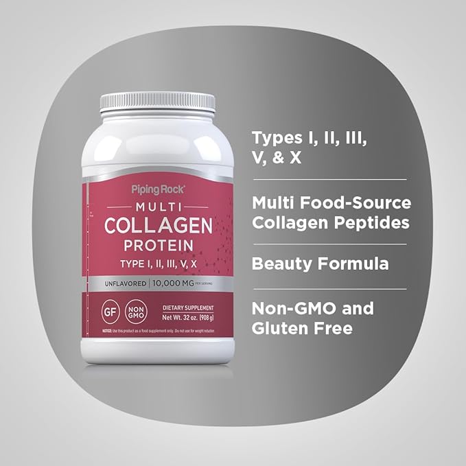 Piping Rock Multi Collagen Protein Powder | 32oz | Supplement for Women and Men | Types I II III V X | Unflavored | Non-GMO Gluten Free