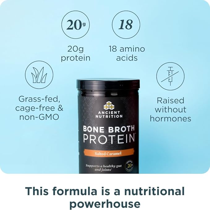 Ancient Nutrition Bone Broth Protein Powder Salted Caramel 19g Protein per Serving Beef Supports Healthy Skin Gut Health Joint Supplement Gluten Free Paleo and Keto Friendly 20 Servings
