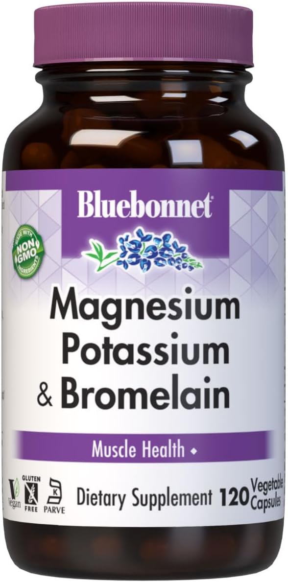 Bluebonnet Magnesium Potassium Supplement Plus Bromelain for Muscle Health Support - Daily Magnesium Complex for Women &amp Men - Non-GMO Vegan Gluten-Free - 120 Vegetarian Capsules (60 Servings)
