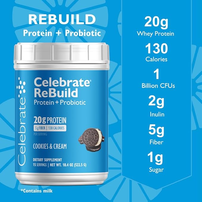 Celebrate Vitamins Rebuild Protein Powder with Probiotics &amp Prebiotics - 20g Whey Isolate Protein High Fiber for Post Bariatric Surgery Patients - Cookies &amp Cream (15 Servings)