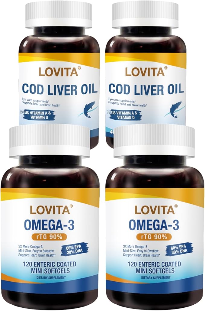 LOVITA Double Defense Bundle - 2 Fish Oil &amp 2 Cod Liver Oil Burpless EPA/DHA with Natural Vitamin A &amp D (4 Pc Set)